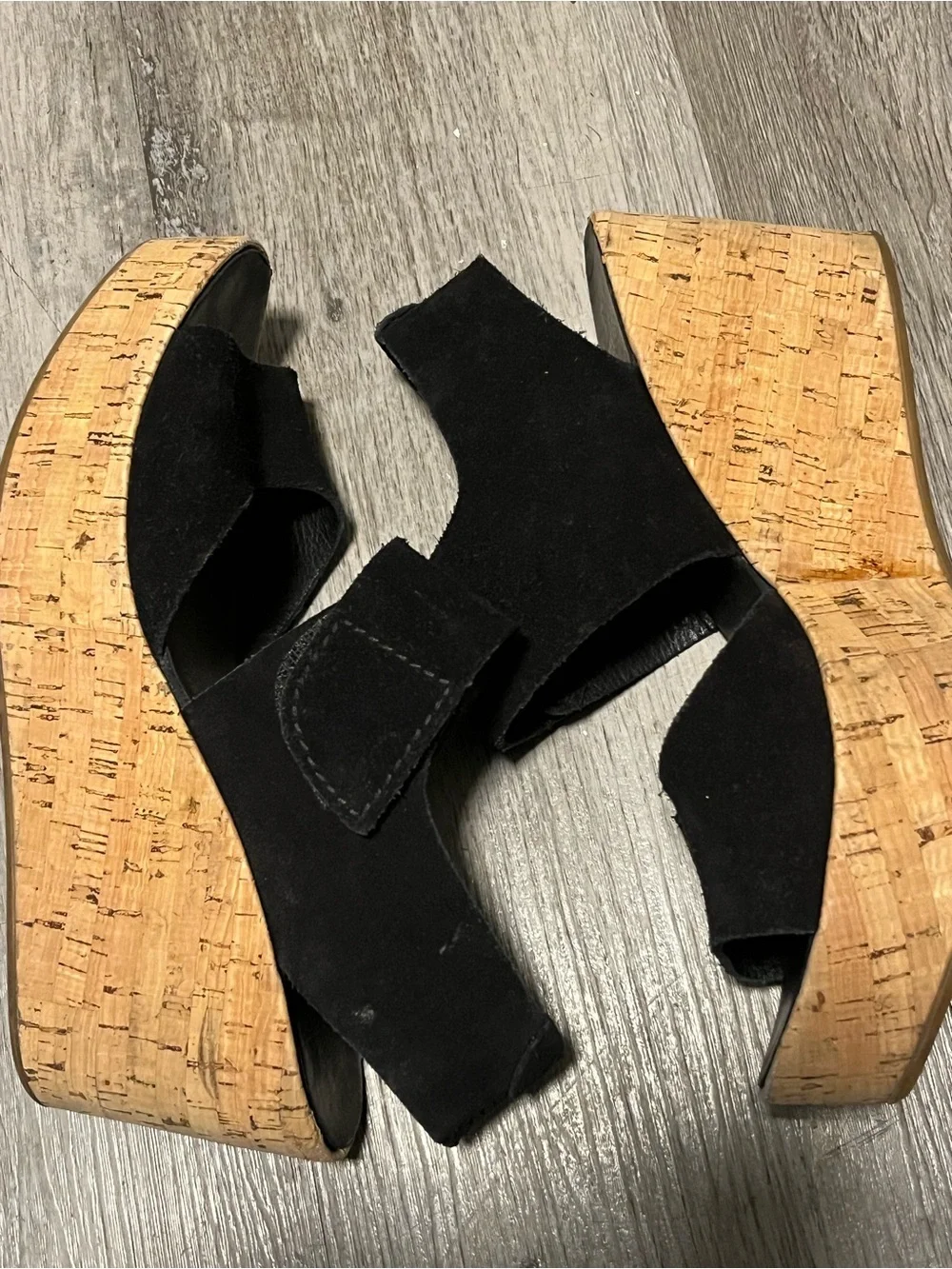 Pedro Garcia Black Suede Cork Wedge Sandals with Velcro Slingback